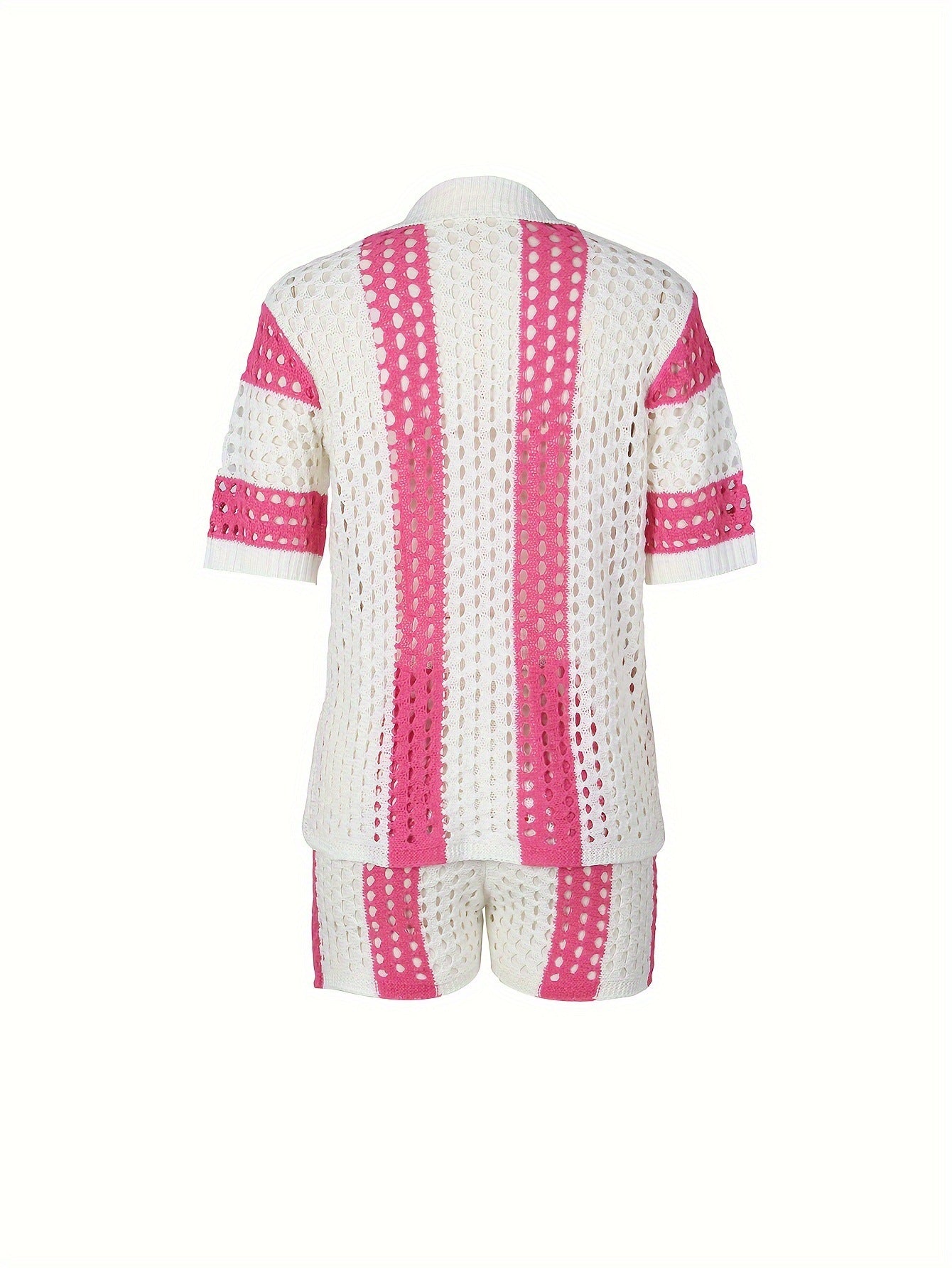 Sexy Ladies Hollow See-Through Turndown Collar Knitting Two Piece Shorts Set 8