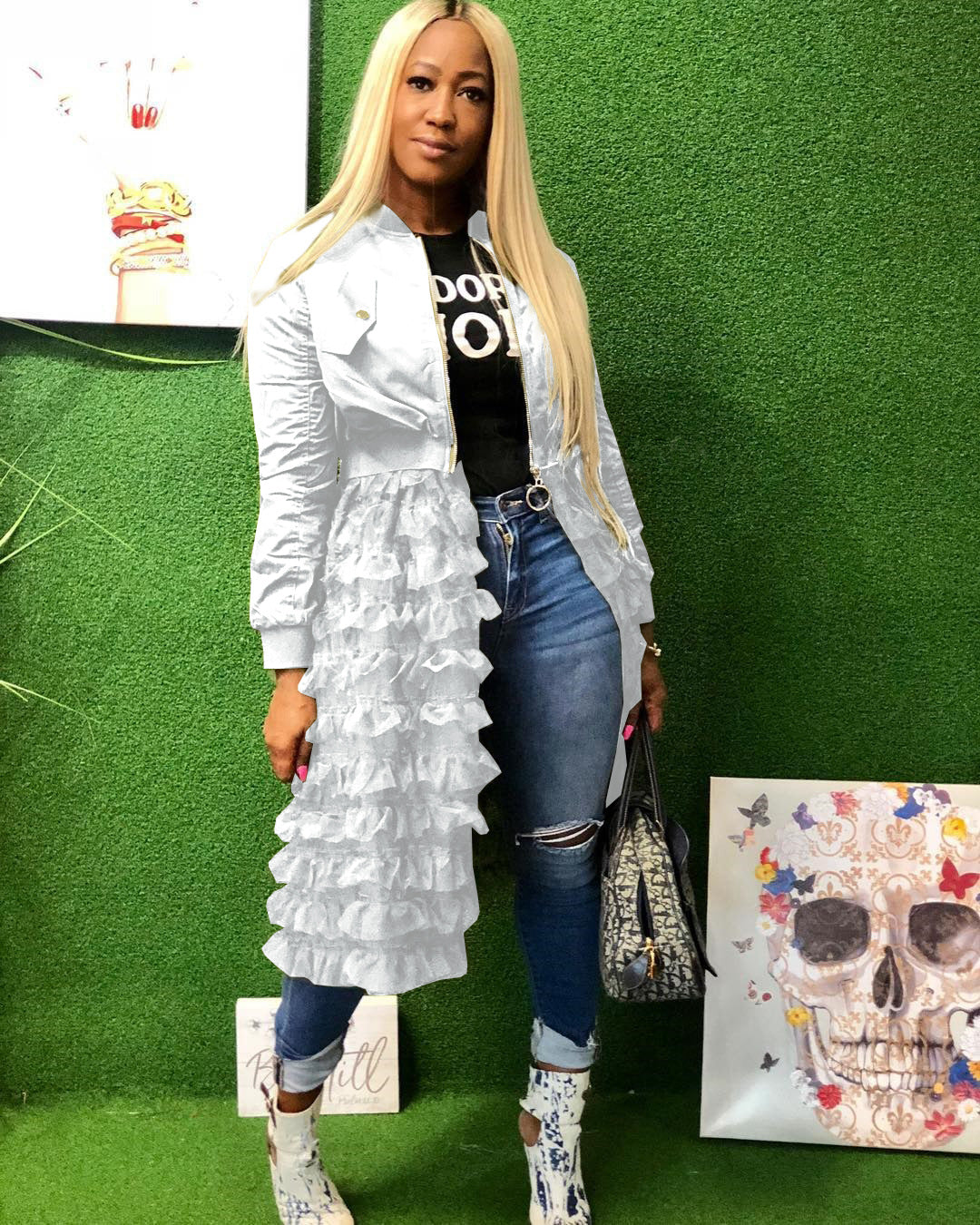 Fashionable Zipper Solid Color Mesh Lace Patchwork Jacket Coat 3