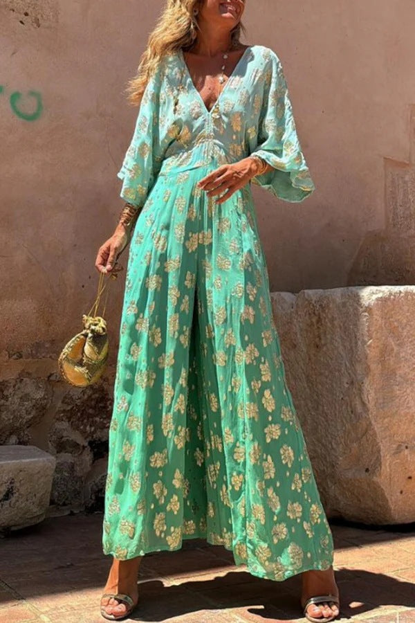 Print V-Neck Low Back Slim Waist Wide-Leg Jumpsuit 4