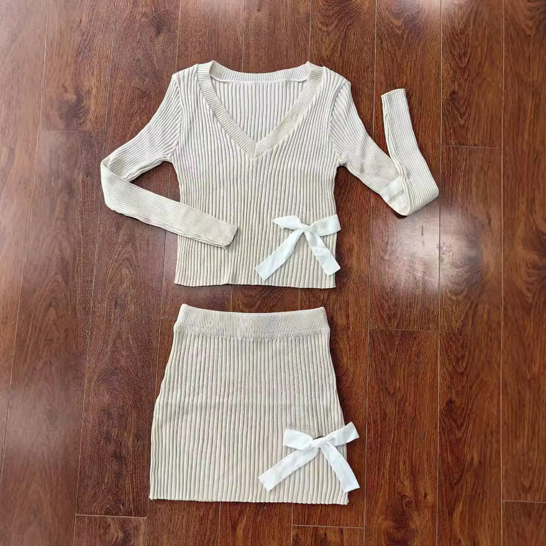 Women Casual Bowknot V-neck Sweater And Skirt Two Piece Set 7