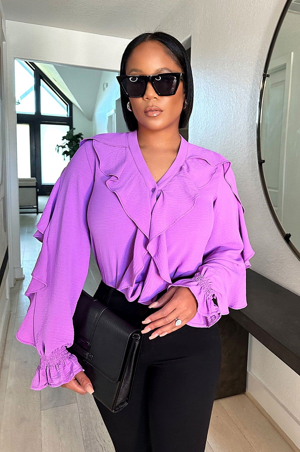 Fashion Solid Irregular Turndown Collar Shirt Top 5