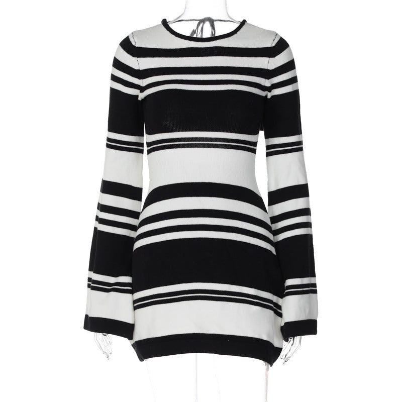 Women Knitting Stripe Bell Bottom Sleeve Tie Backless Sweater Dress 11