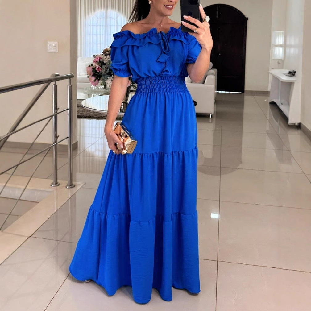 Fashionable Women's Solid Color Tie Ruffle Off-Shoulder Puff Sleeve Maxi Dress 7