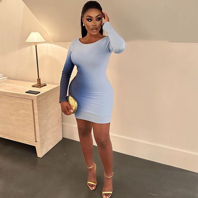 Sexy Round Neck Gradient Print Long Sleeve Slim Bodycon Women Dress