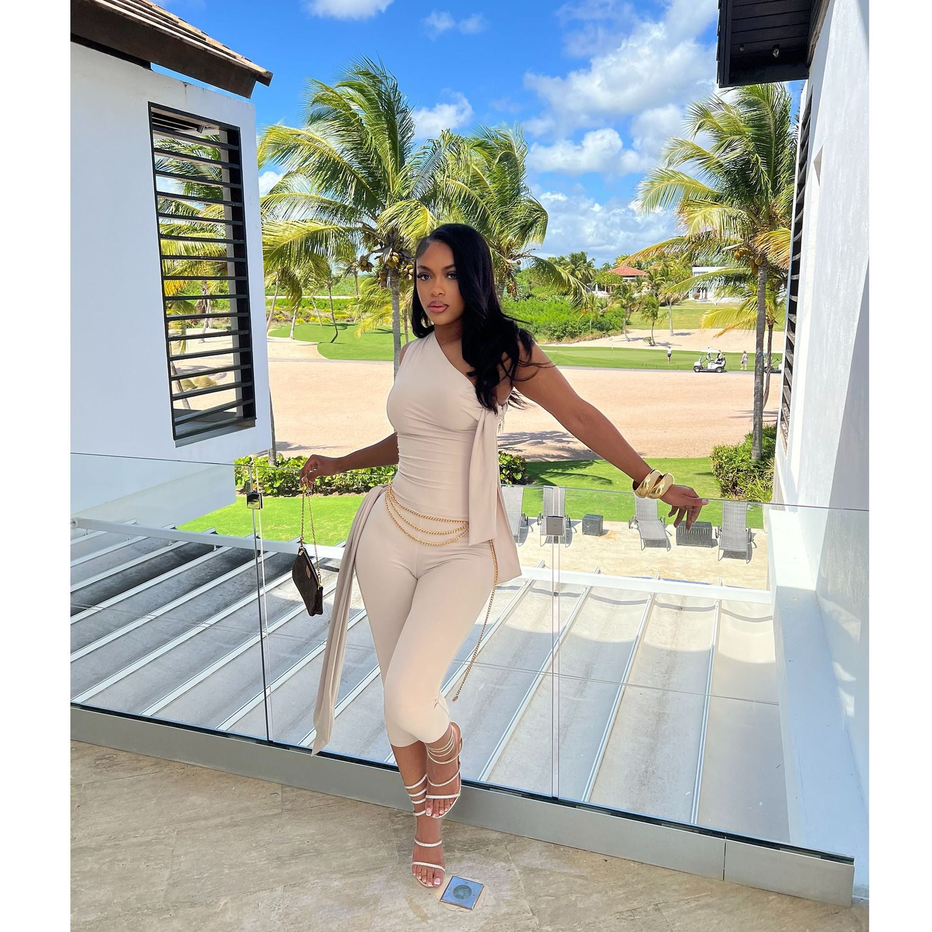 Women Summer Slash Shoulder Lace-Up Casual Solid Top and Shorts Two Piece Set 6