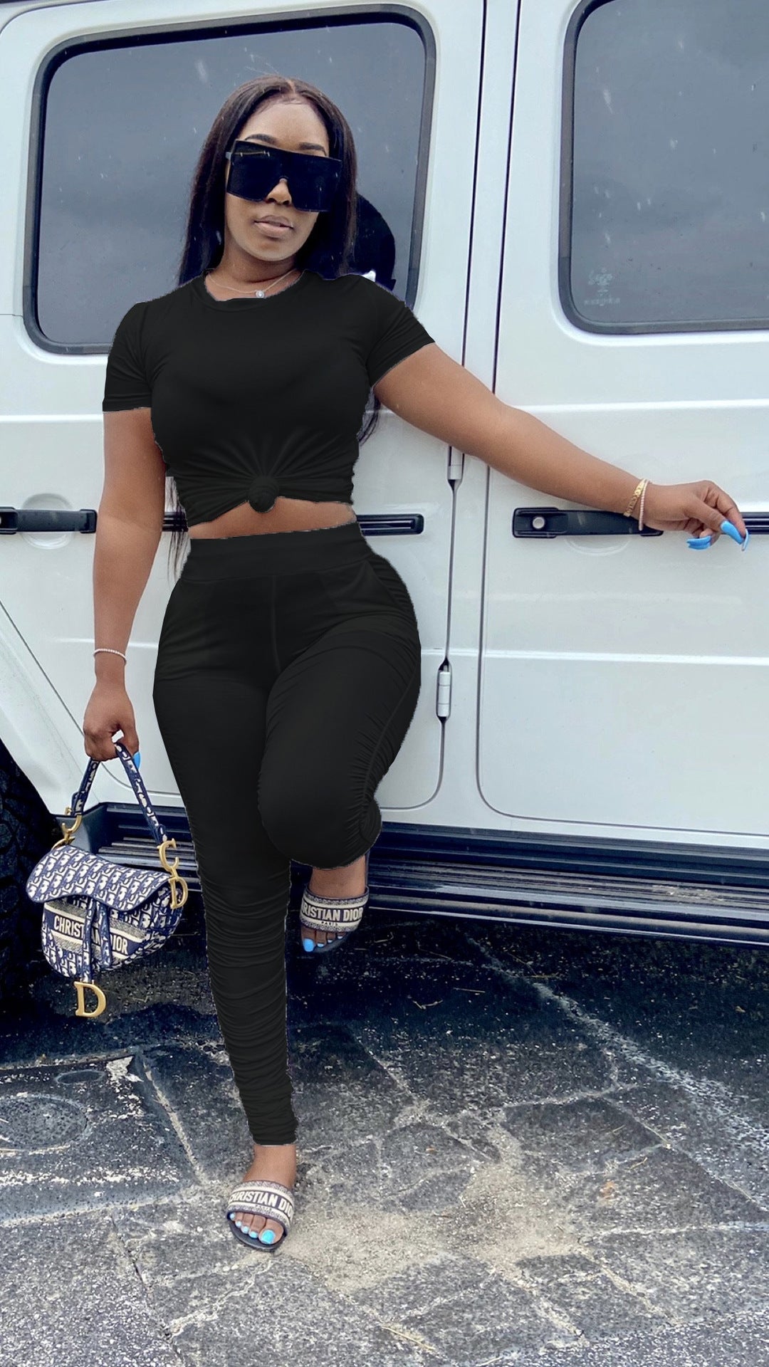 Women Wrinkled Short Sleeve T-Shirt and PantSolid Two-Piece Set 6