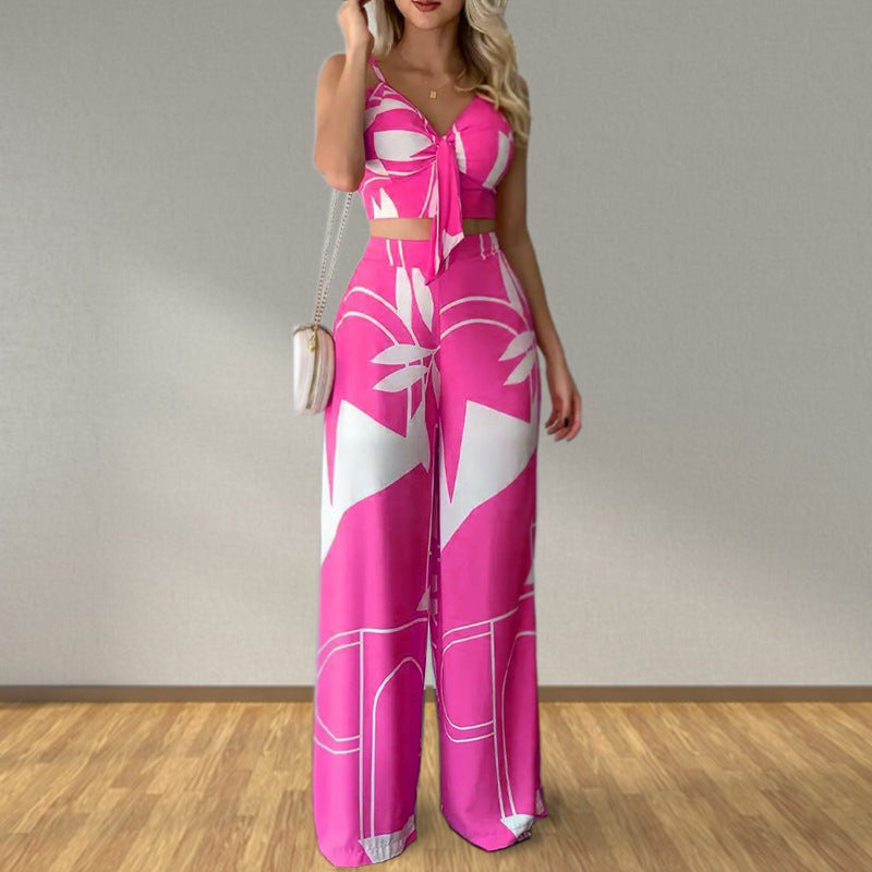 Women Summer Sexy Tube Top And Tie Loose Wide Leg Pants Print Two Piece Set 8