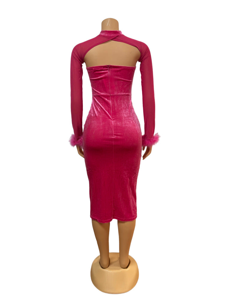 Low-Cut Sexy strapless Low-Back Bodycon Dress Feather Patchwork Long-Sleeve Top Two Piece Set 7