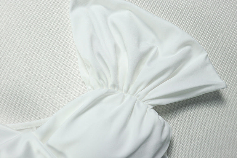 Elegant women's solid color pleated A-line V-neck short-sleeved low back long dress formal party dress 15