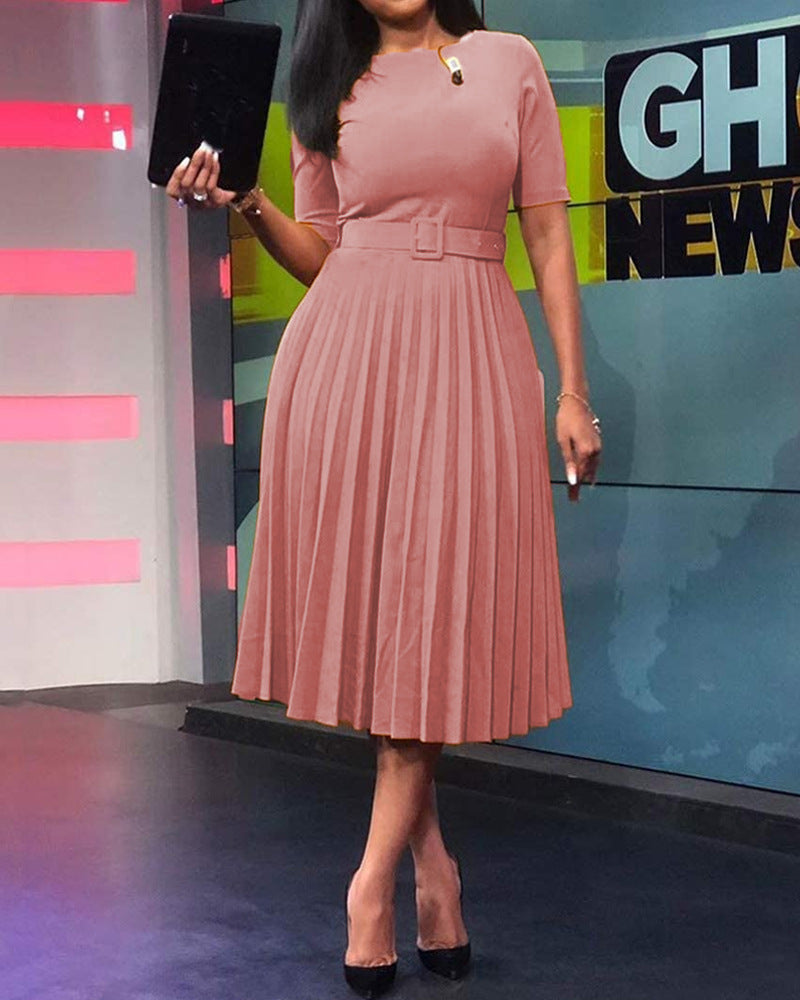 Plus Size Women Summer Short Sleeve High Waist Pleated Dress 10