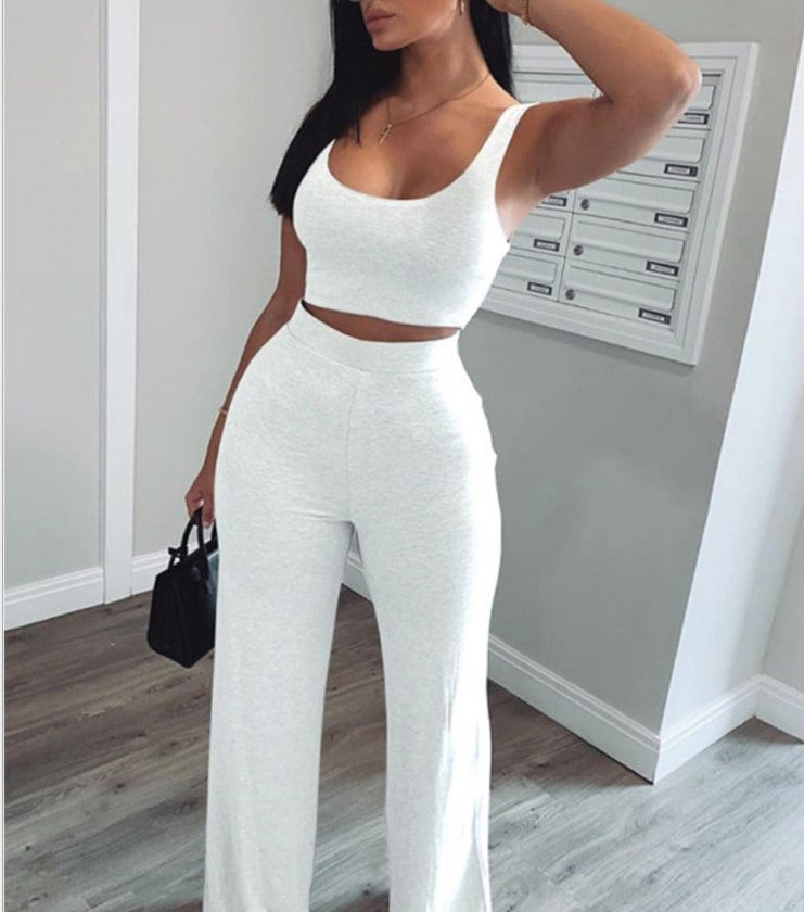 Solid Color Vest Trousers Casual Sports Two Piece Set