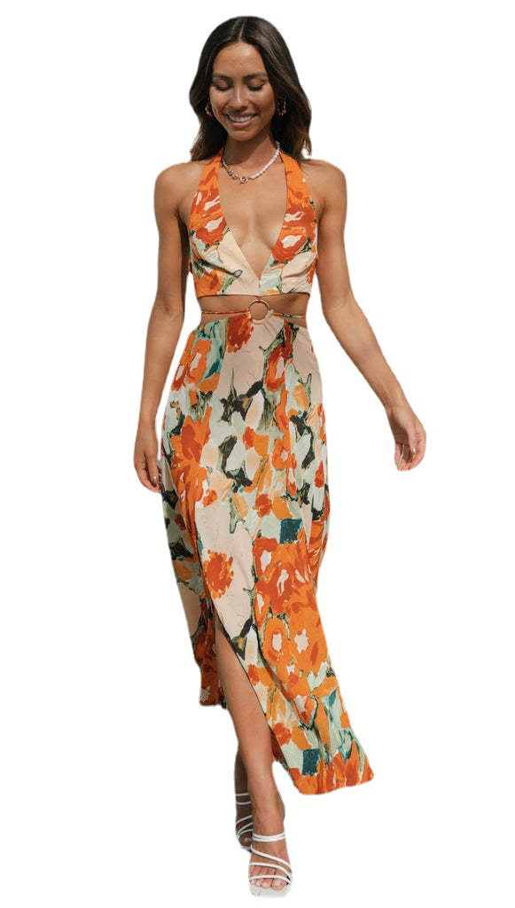 Women's V-Neck Halter Neck Low Back Long Slit Hem Dress 6