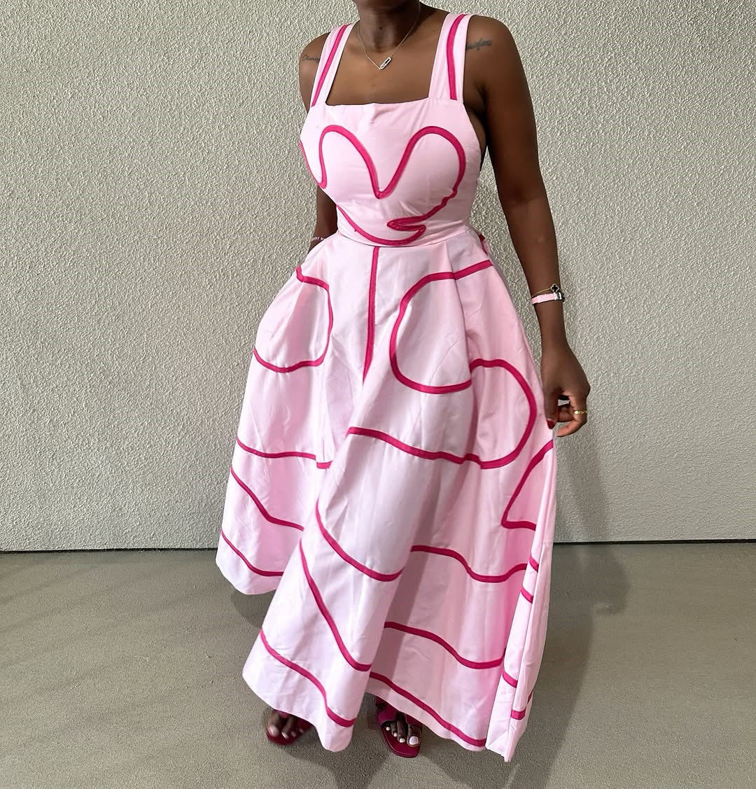 Women's Summer Fashion Strap Square Neck Printed Slim Waist A-Line Dress 4