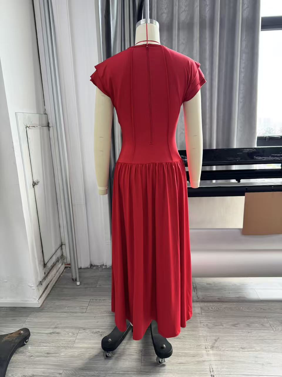 Elegant Career Stretch Slim Waist Ruffle Flutter Sleeve Midi Dress 5