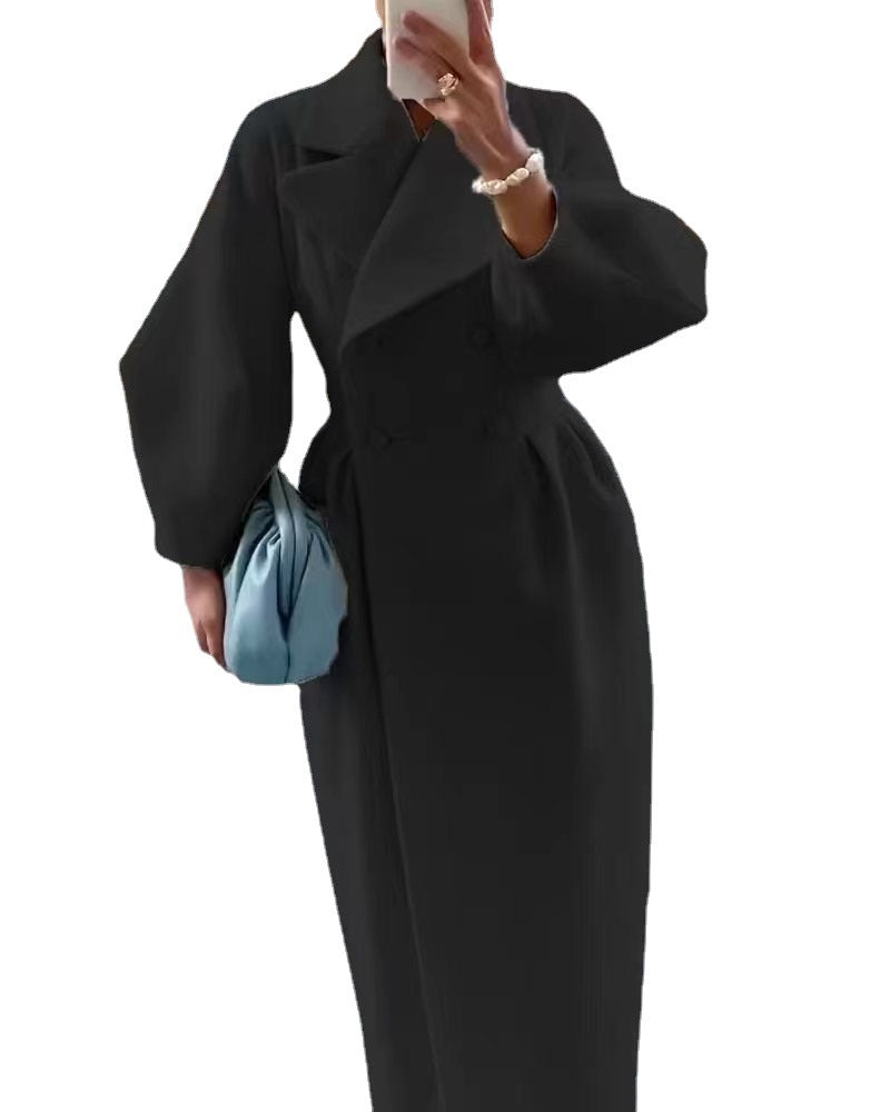 Women Vintage Balloon Sleeve Turndown Collar Wool Jacket 11