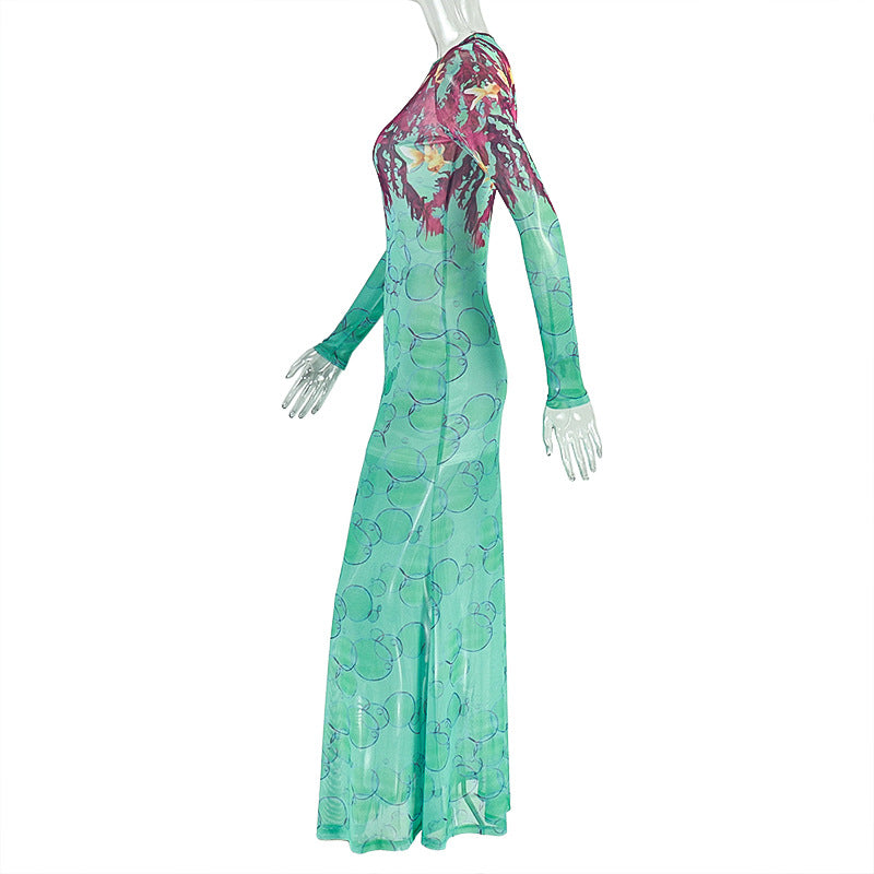 Trendy Summer Women's Print Slim Fit High Neck Long Sleeve Dress 7