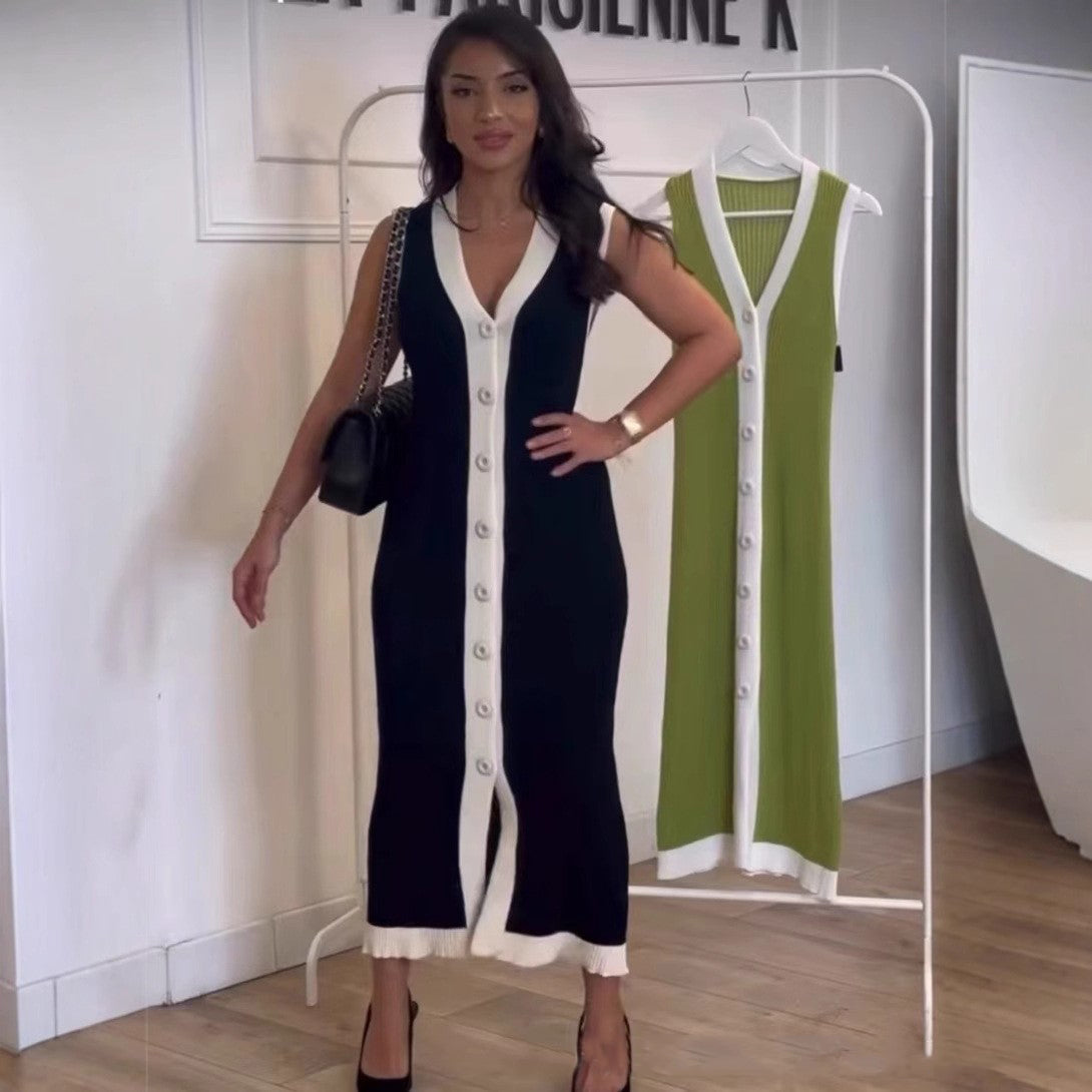 Women contrast Ribbed Single-breasted v-neck sleeveless knitting dress 12