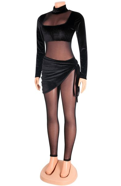 Autumn Party Sexy Mesh Patch Velour Tight Black Jumpsuit 5