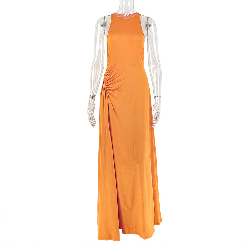 Women Solid Pleated Round Neck Sleeveless Bodycon Dress 10