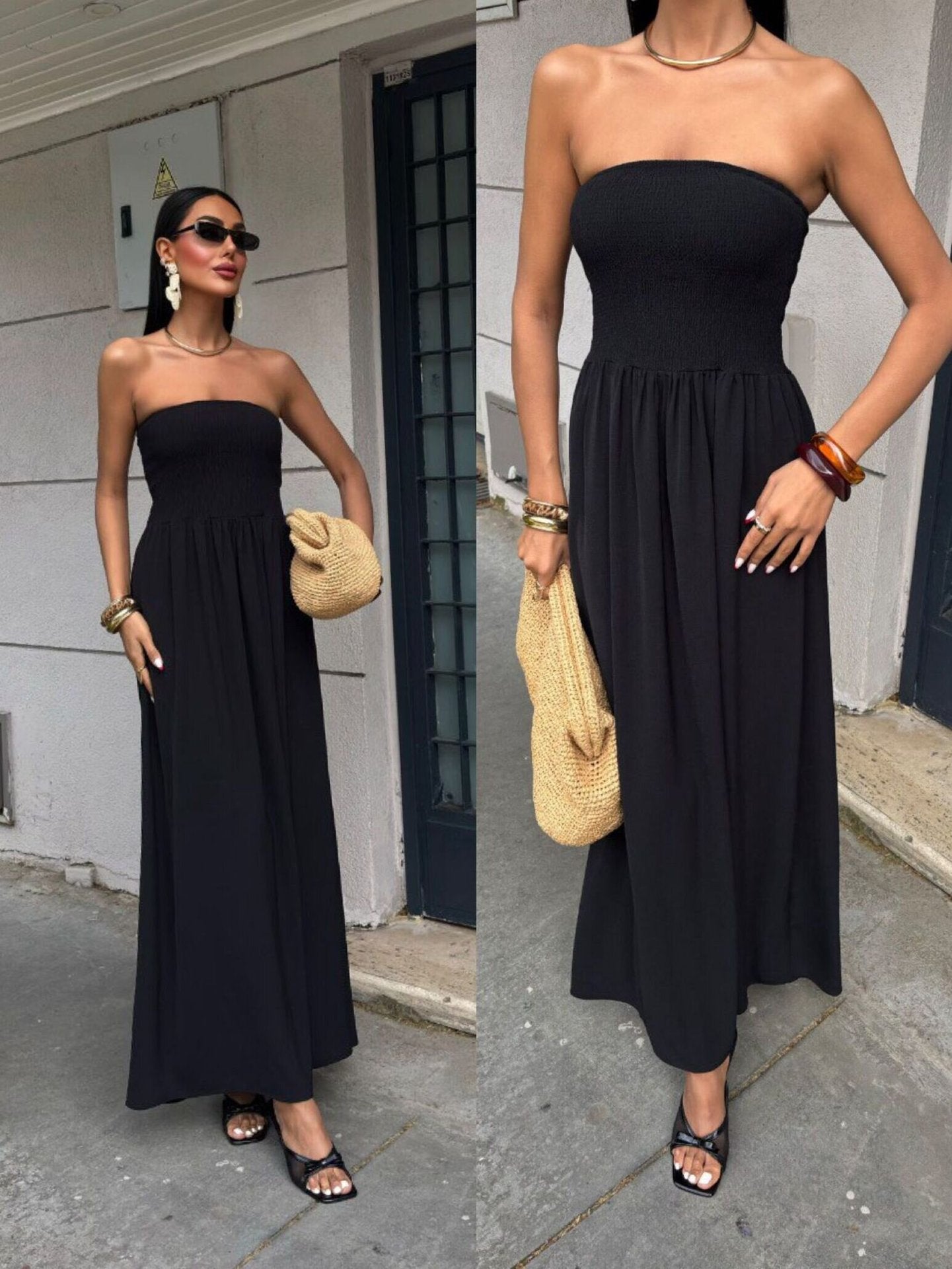 Women's Summer Solid Color Sexy Strapless Slim Waist Casual Dress