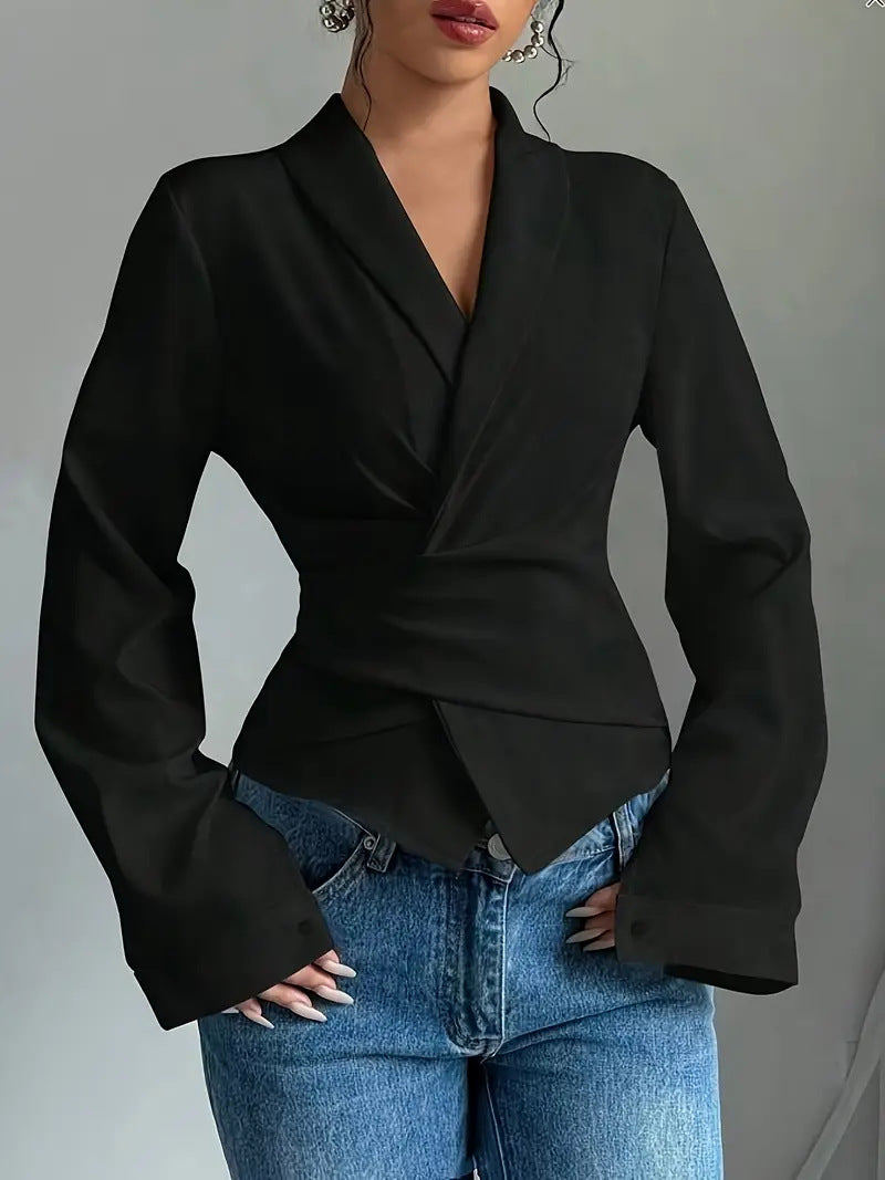 Fashion Lace-Up Solid Color Women's Long Sleeve Turndown Collar Shirt 5