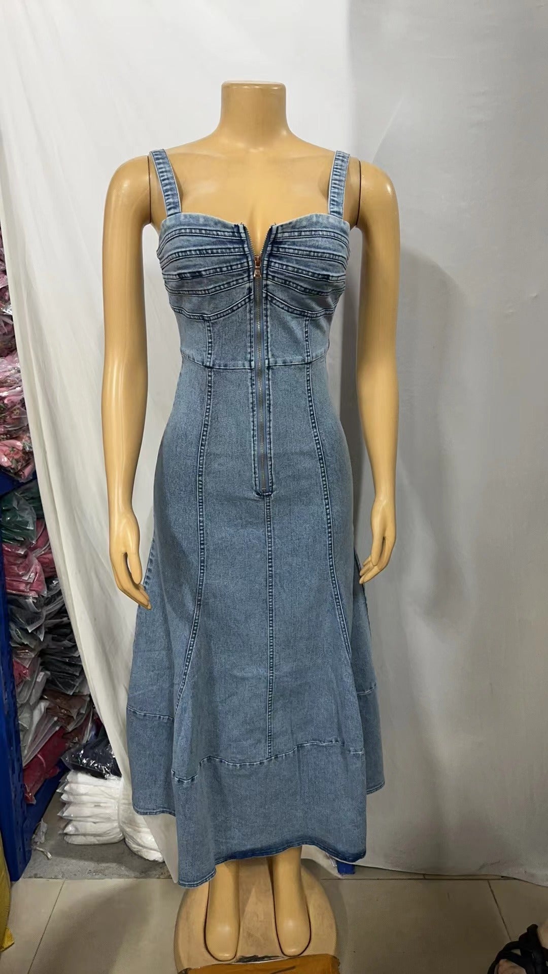 Summer Strap Low Back High Waist Zipper Slim Denim Dress