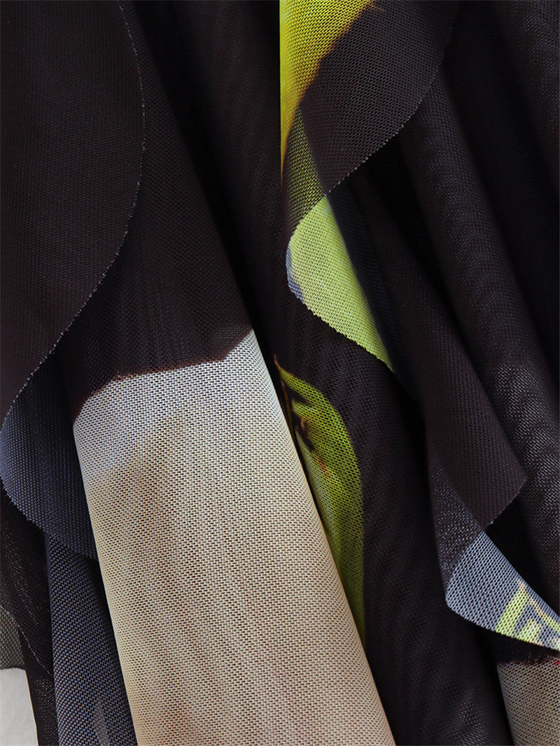 Autumn Fashion Chic Strapless Printed Tulle Midi Dress for Women 8