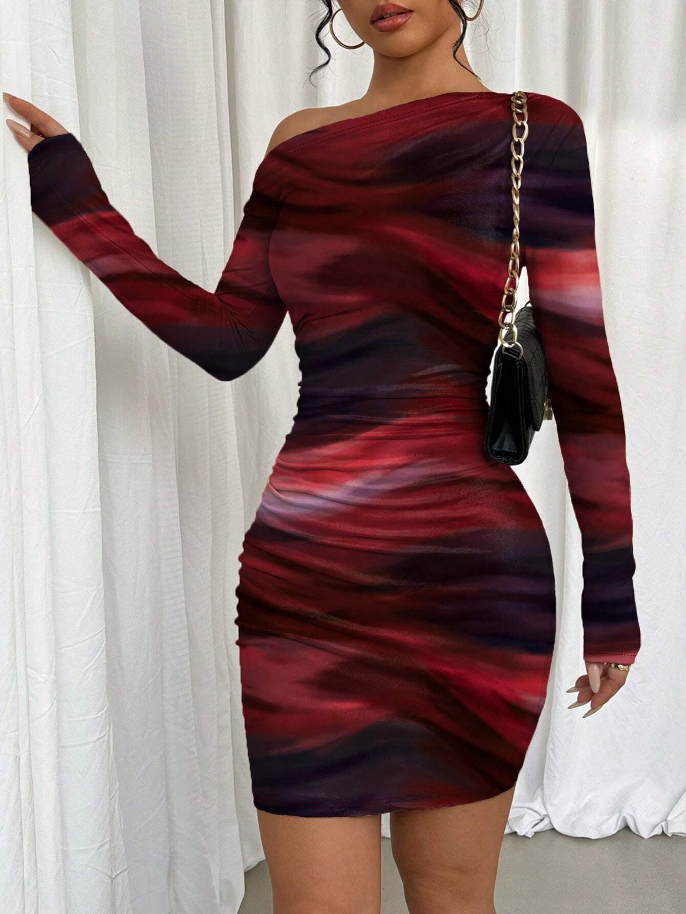 Women Printed Slash Shoulder Long Sleeve Bodycon Dress 3