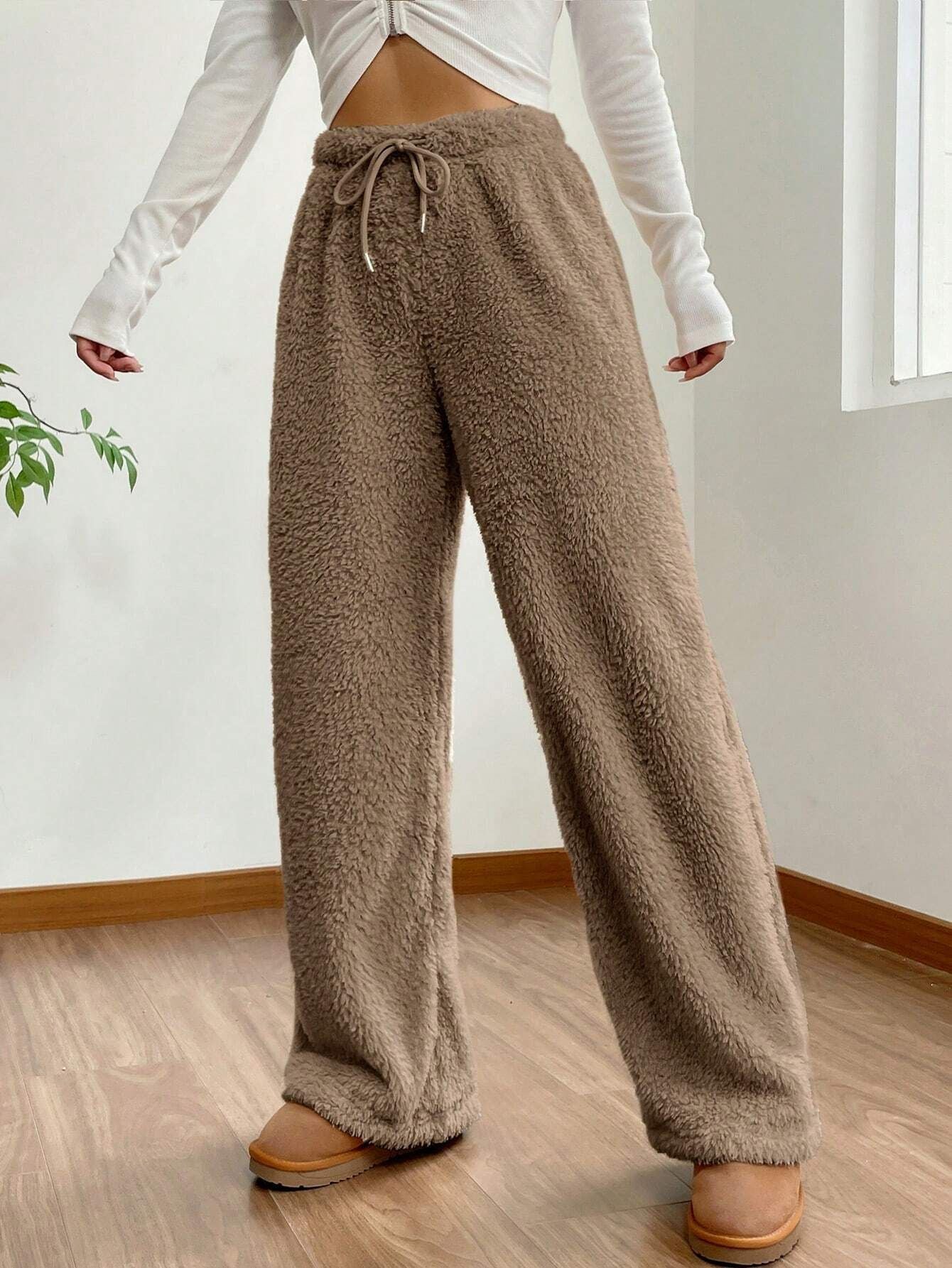 Women Fall and Winter Solid Casual Fleece Pants 4