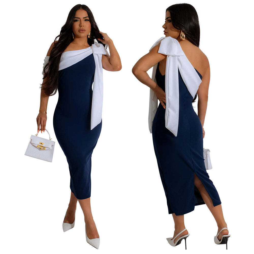 Women Off Shoulder Tie Solid Slit Sleeveless Dress 5