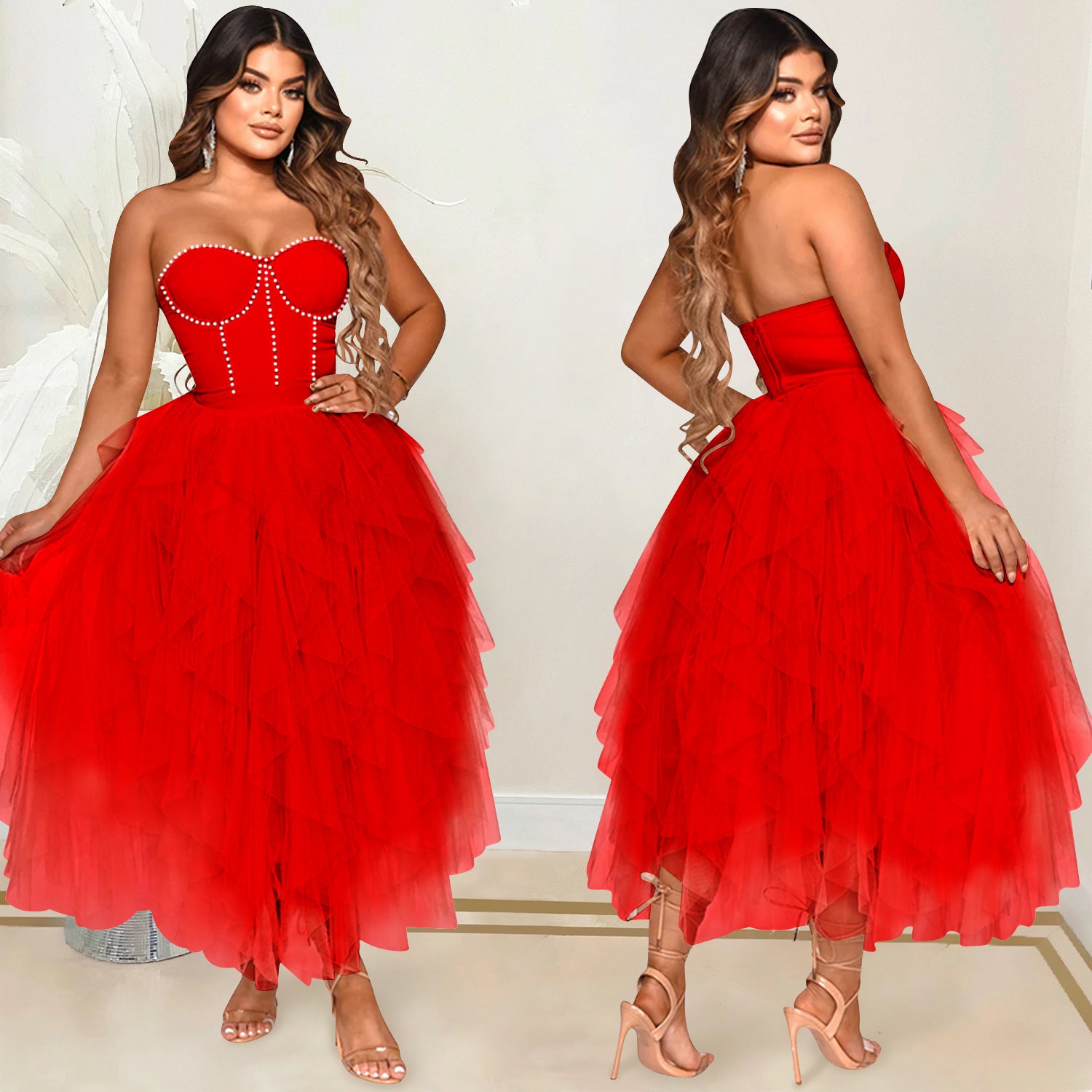 fashion solid color beaded tube top fluffy mesh dress women 7