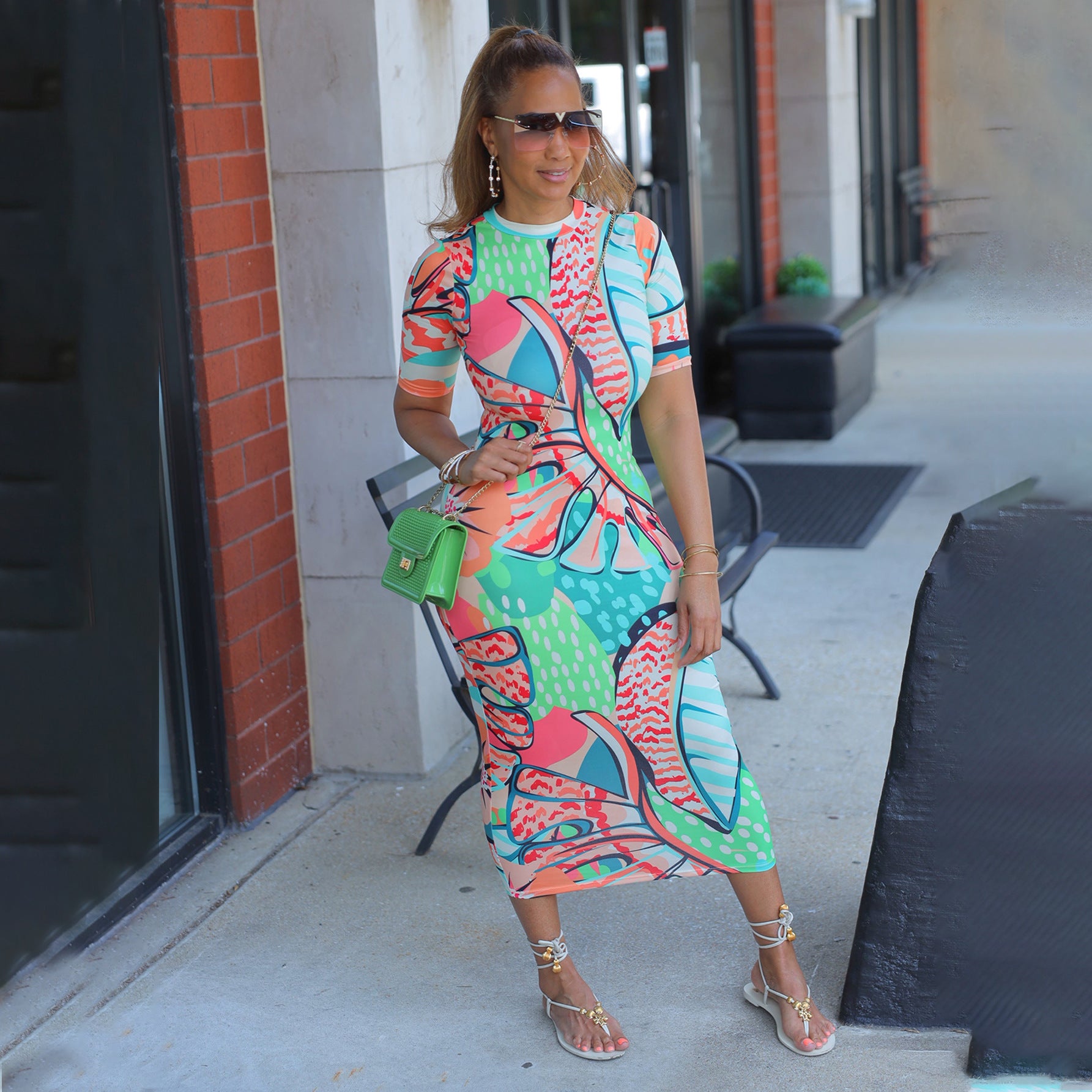 Summer Ladies Fitted Round Neck Painted Print Dress 4