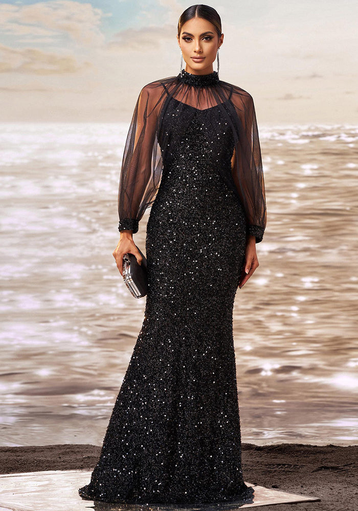 Women long sleeve Round Neck Bodycon Formal Party sequined fishtail evening dress