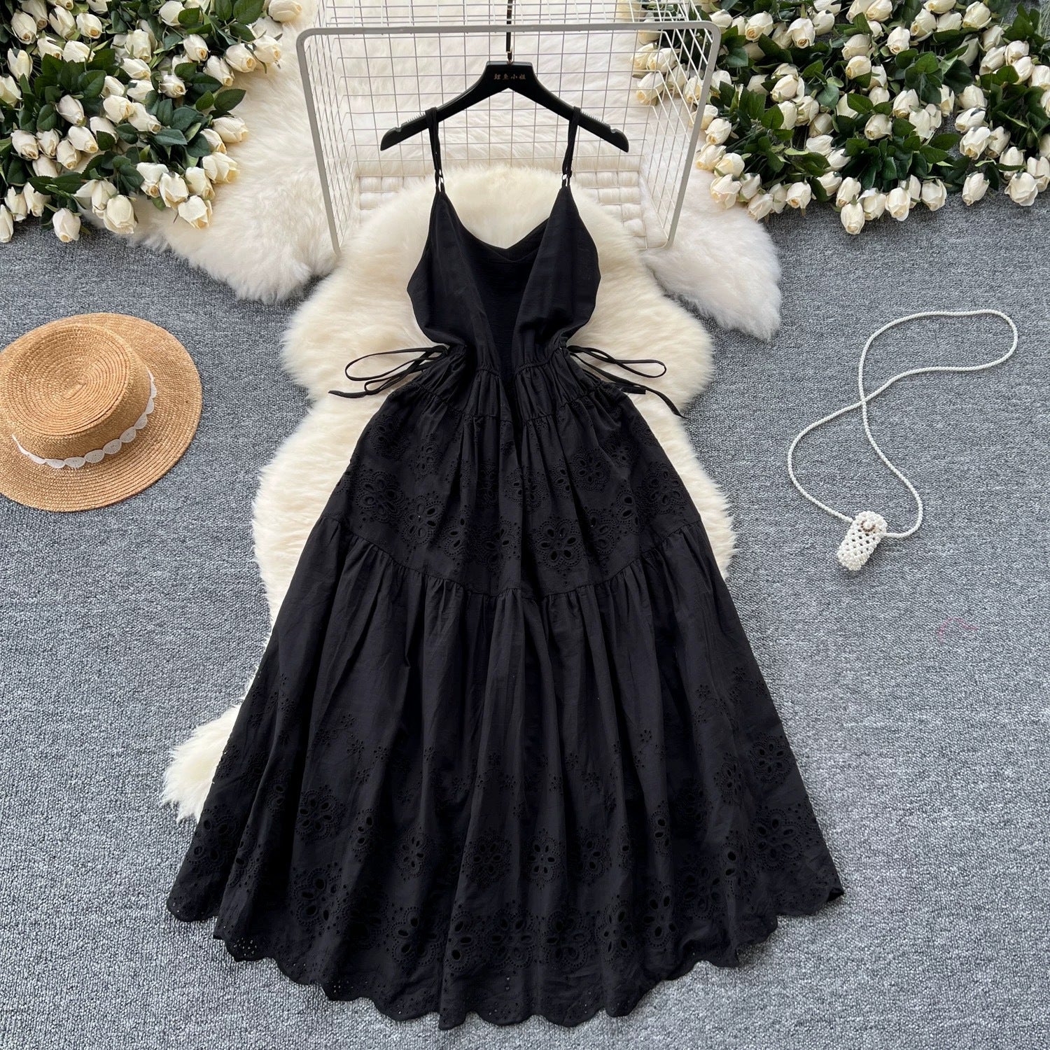 Women Summer Lace-Up Cutout Embroidery Holidays Strappy Dress 9