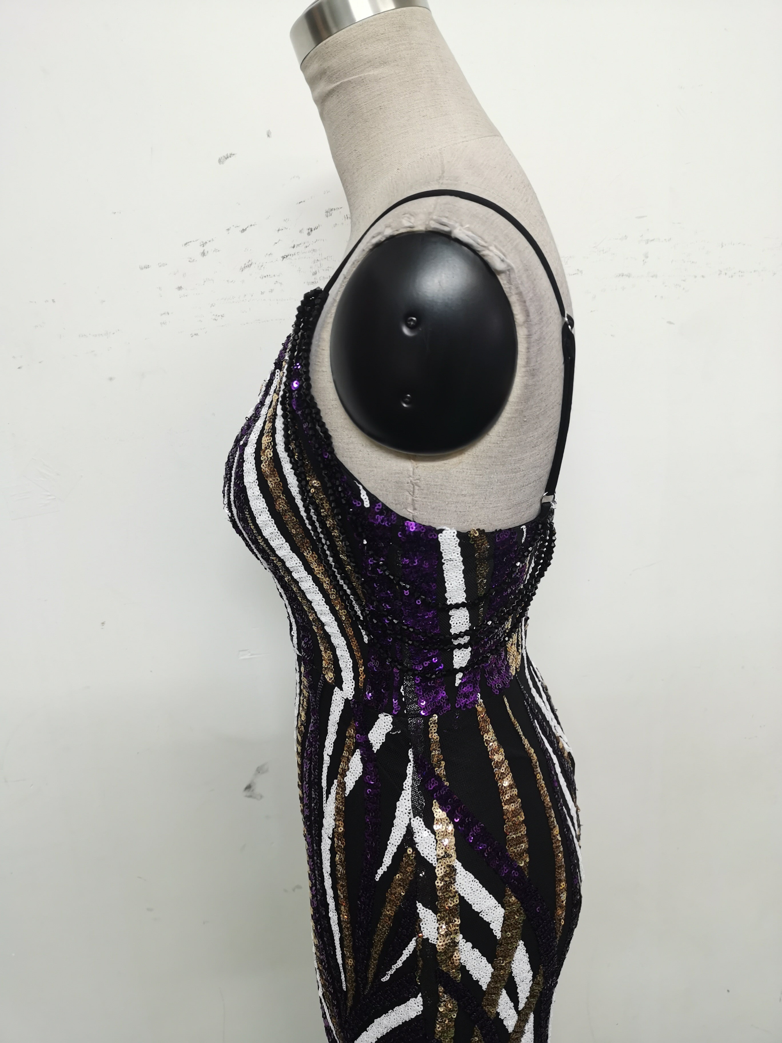 Women sequined striped color matching maxi evening dress 14