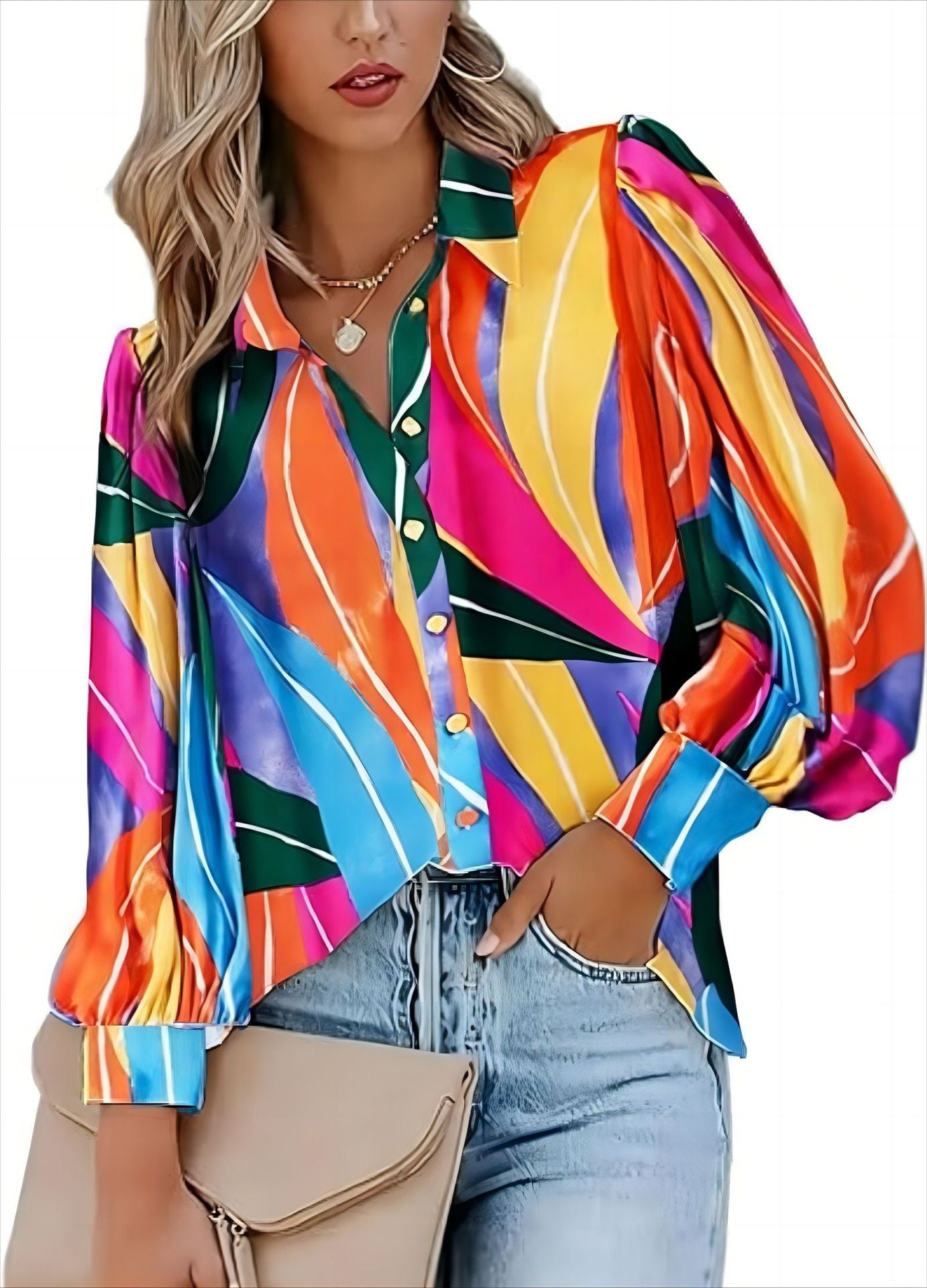 Autumn Fashion Casual Long Sleeve V-Neck Button Printed Shirt