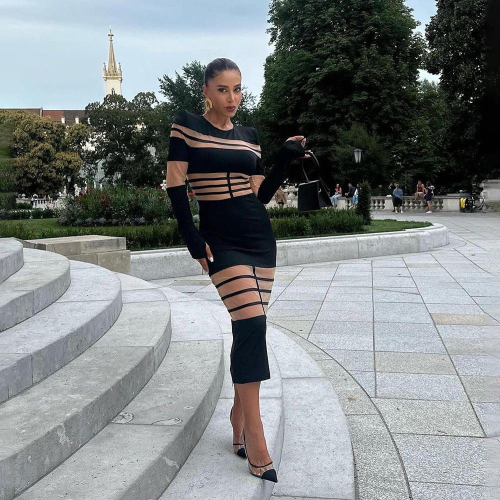 Autumn Winter Fashion Mesh Patchwork See-Through Sexy Chic Slim Long Sleeve Bodycon Long Dress 5