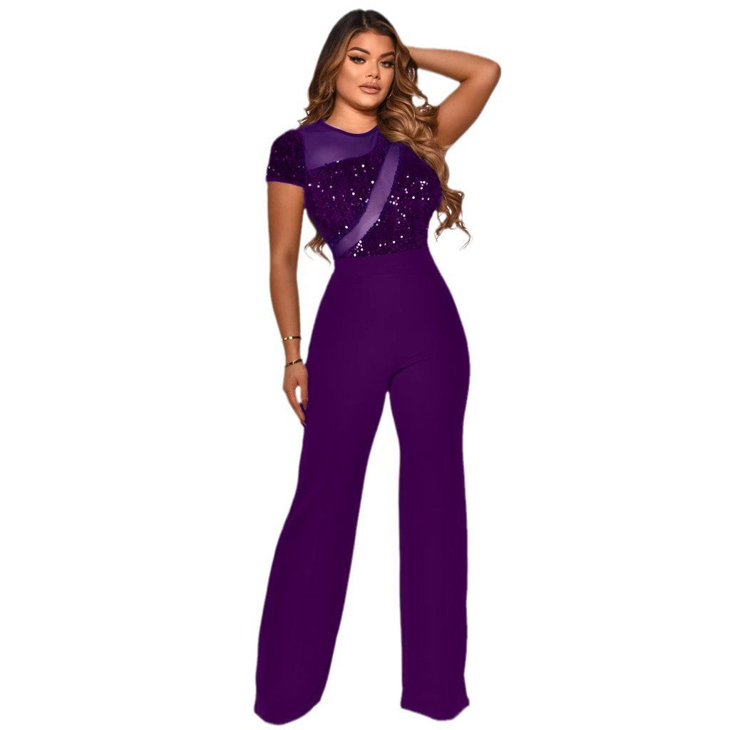 Women Irregular Sequin Patchwork Short Sleeve Jumpsuit 4