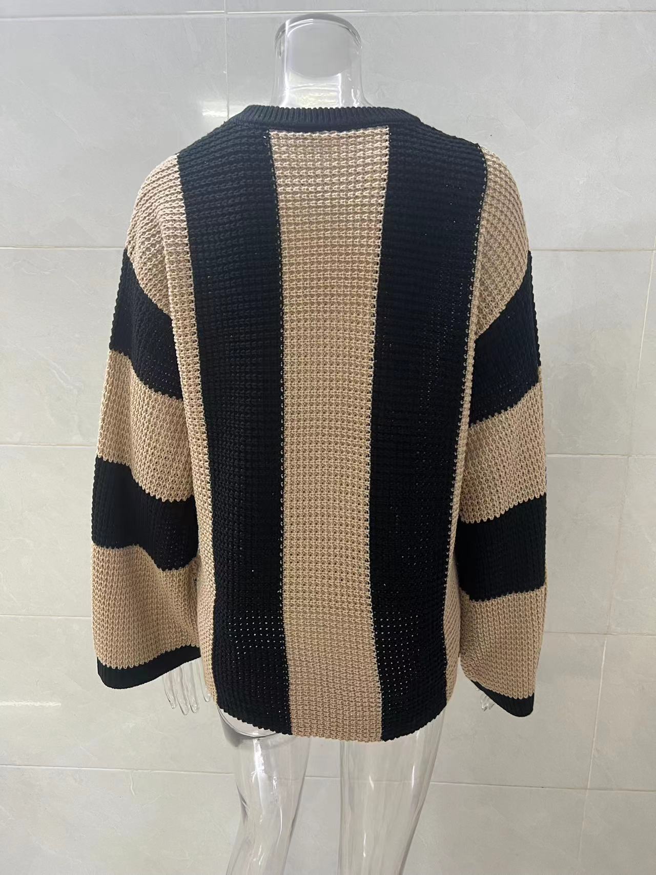Spring And Autumn Trendy Knitting Sweater Top Round Neck Striped Sweater Jacket For Women 12