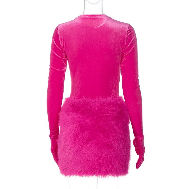 Women's Autumn Fashion Round Neck Long Sleeve Bodysuit Slim Fit Plush Skirt Two Piece Set 14