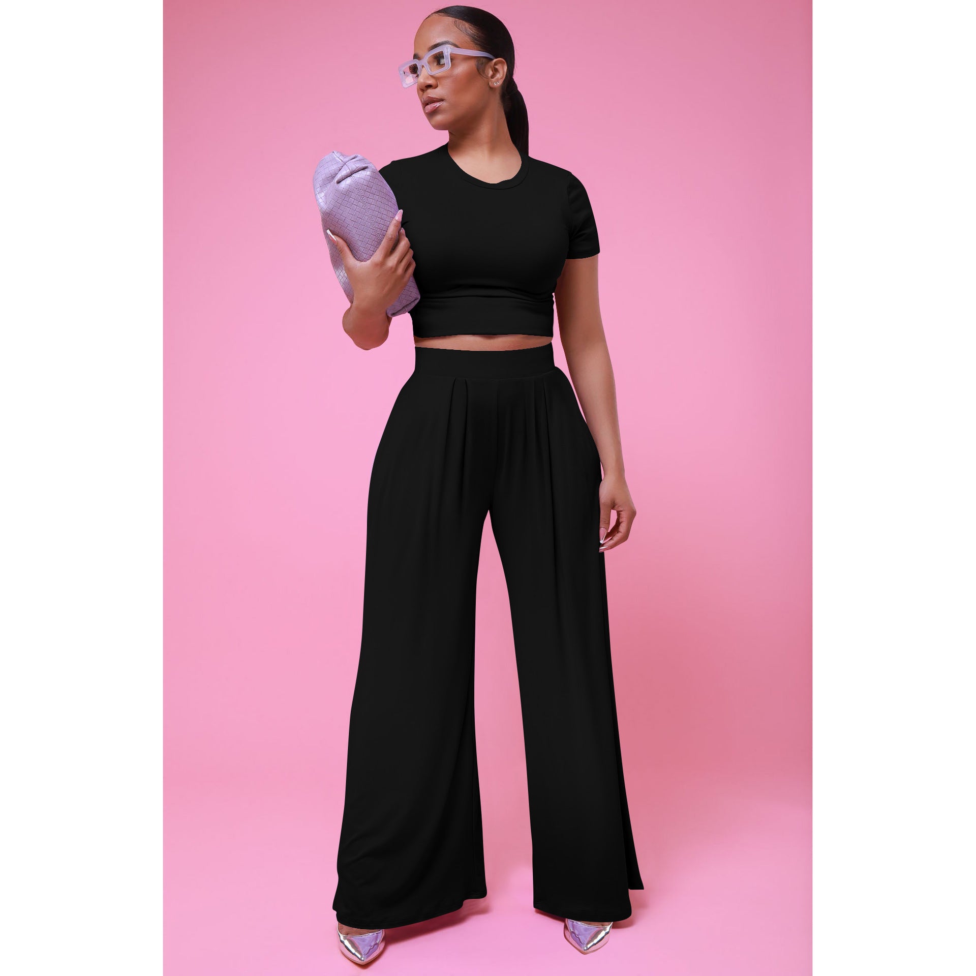 Women's Clothes Summer Fashionable Solid Color Wide Leg Two-Piece Pants Set 7