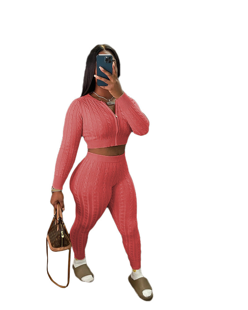 Women Solid knitting sweater and trousers two-piece set 13