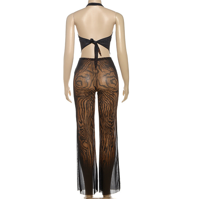 Autumn Women's Graffiti Print Sleeveless Halter Tank Top Tight Fitting Pants Set 5
