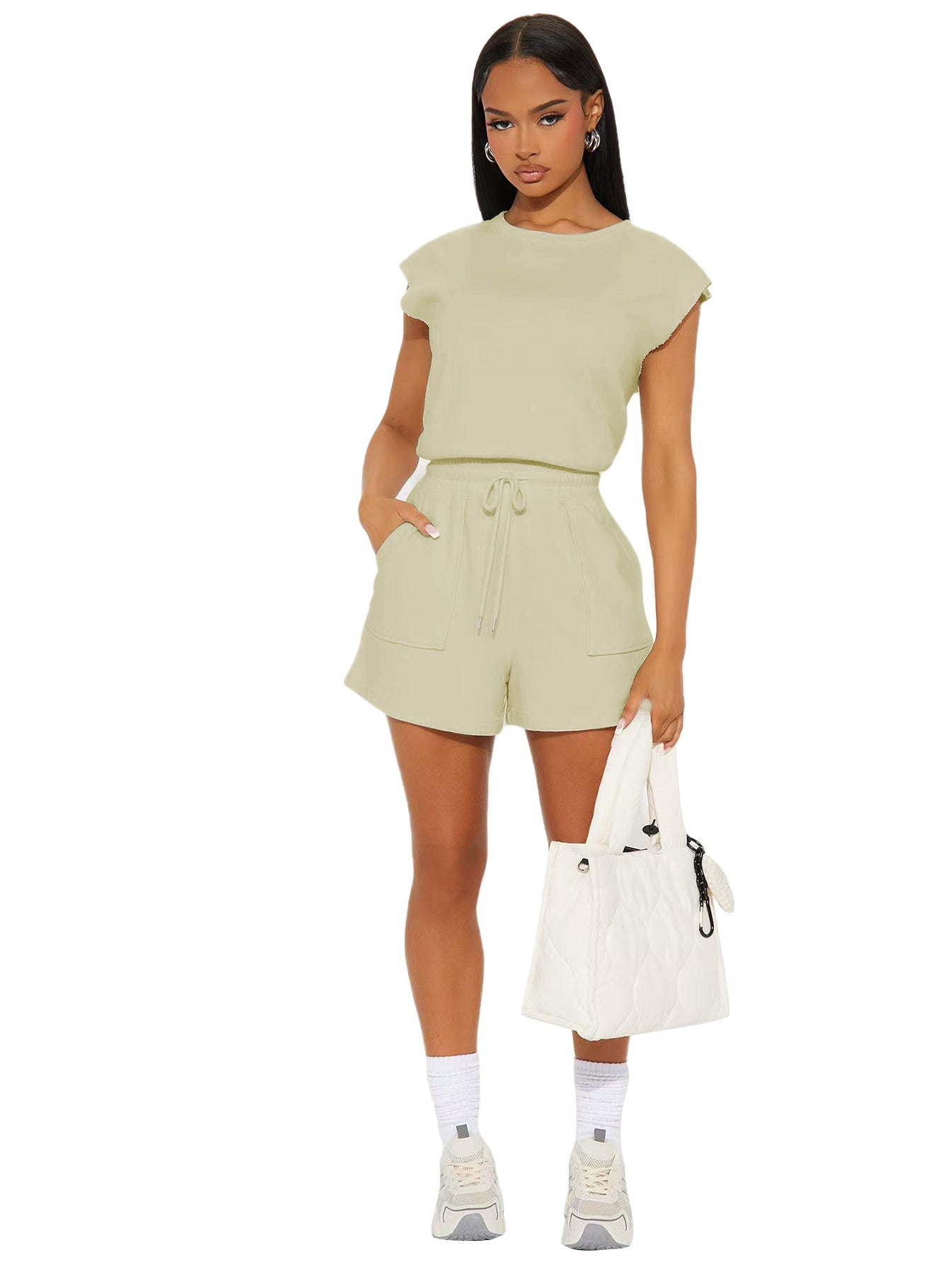 Women's Casual Solid Color Sleeveless Top Drawstring Pocket Shorts Two-Piece Set