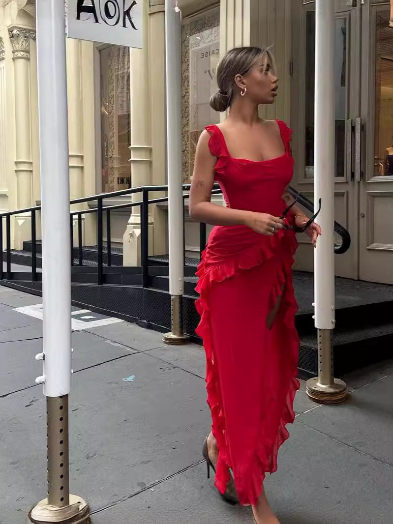 Women Sexy Summer Halter Square Neck Ruffle Edge Side Slit Solid Dress 9