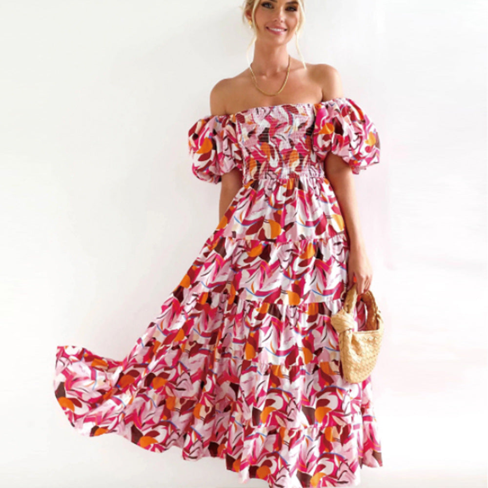 Women Boho Print Off Shoulder Holidays Oversized Dress