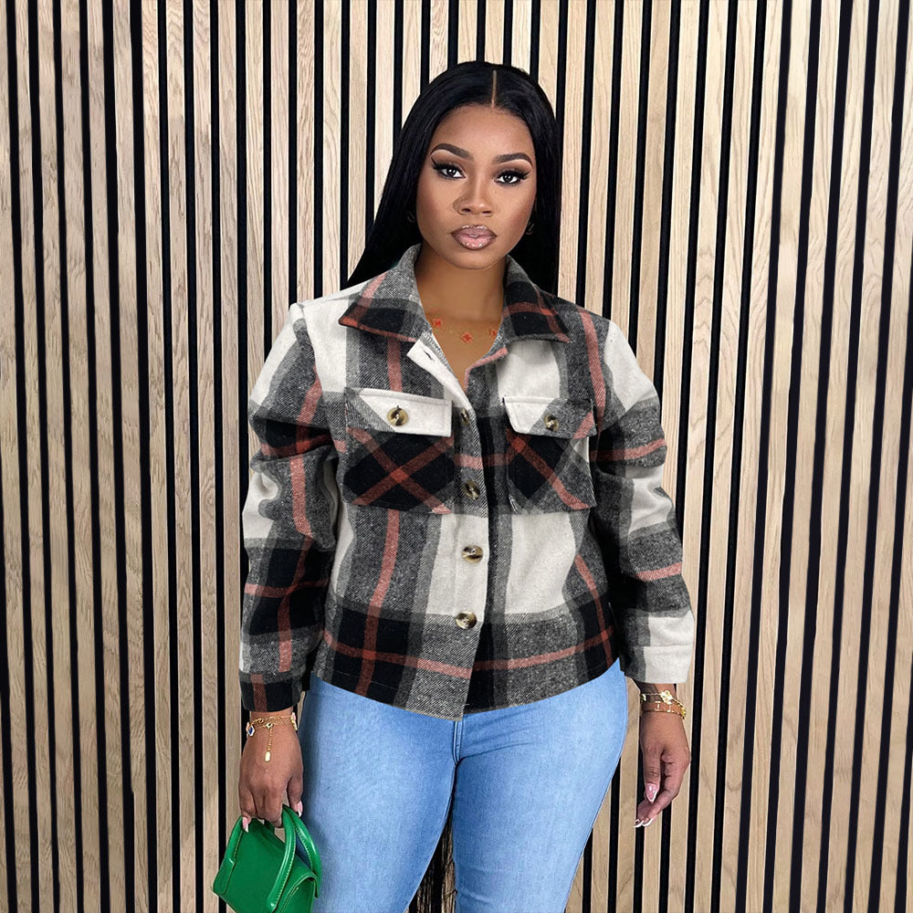 Women Autumn and Winter Plaid Crop Shirt Top 4