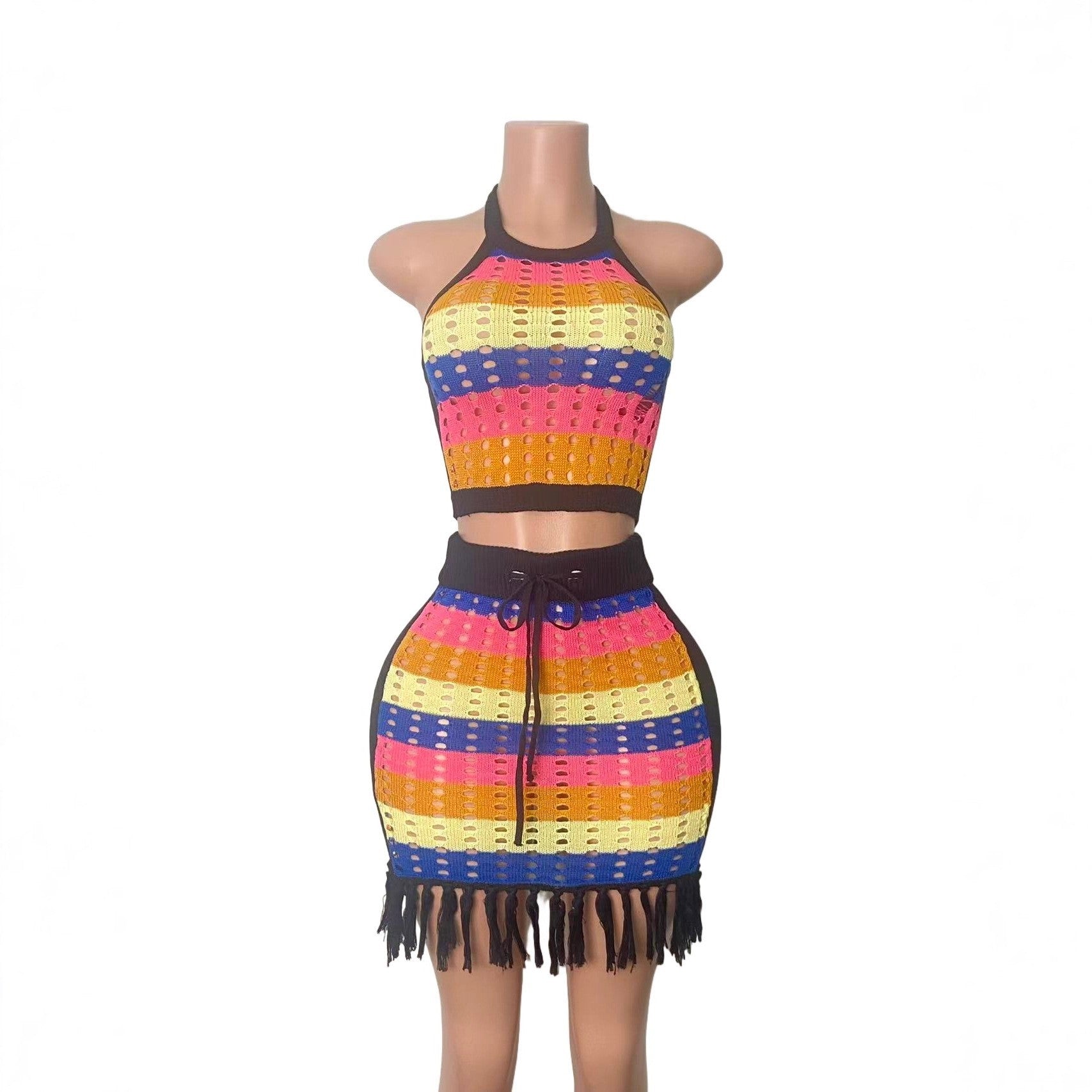 Women multi-color striped hollowed-out knitting halter neck top with tassel bodycon skirt, two-piece set. 7