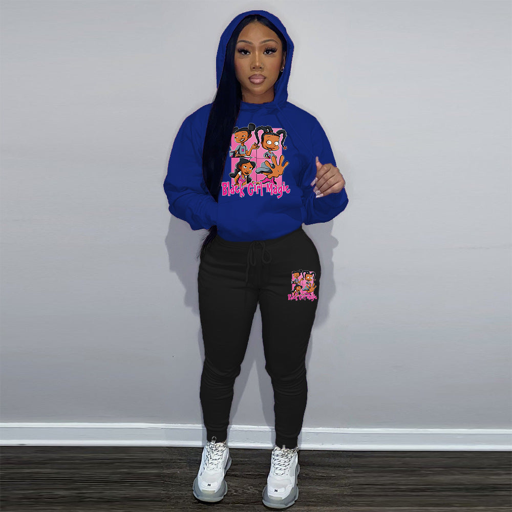 Women Printed Contrast Color Hoodies and Pant Sports Two-piece Set 7