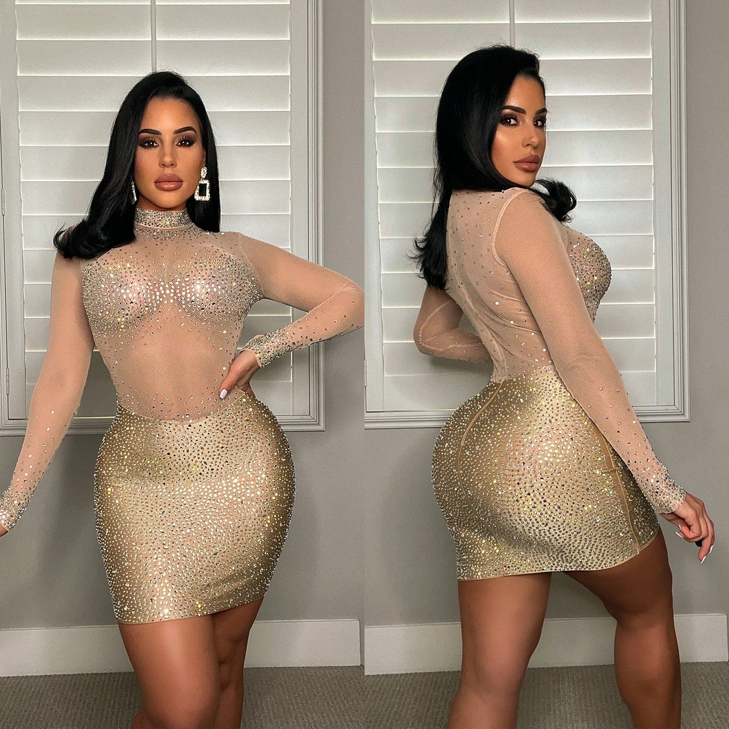 Autumn Women'S Fashion Sexy Mesh Long Sleeve Rhinestone Beaded Bodycon Club Dress 3